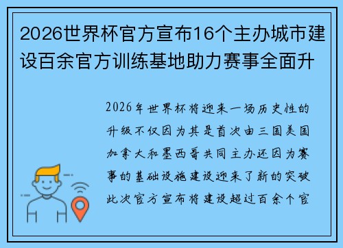 2026世界杯官方宣布16个主办城市建设百余官方训练基地助力赛事全面升级 ⚽ 2026世界杯官方宣布16个主办城市建设百余官方训练基地助力赛事全面升级 ⚽