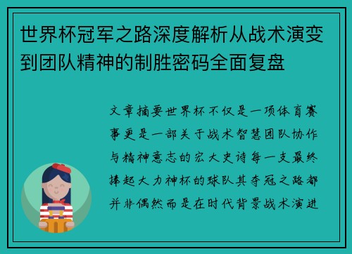 世界杯冠军之路深度解析从战术演变到团队精神的制胜密码全面复盘