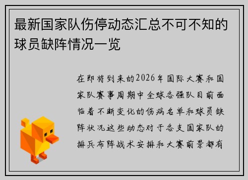最新国家队伤停动态汇总不可不知的球员缺阵情况一览 最新国家队伤停动态汇总不可不知的球员缺阵情况一览