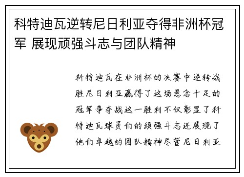 科特迪瓦逆转尼日利亚夺得非洲杯冠军 展现顽强斗志与团队精神 科特迪瓦逆转尼日利亚夺得非洲杯冠军 展现顽强斗志与团队精神