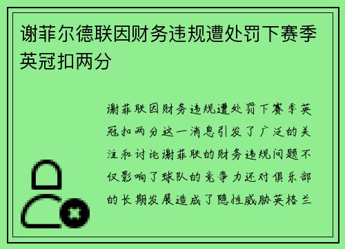 谢菲尔德联因财务违规遭处罚下赛季英冠扣两分 谢菲尔德联因财务违规遭处罚下赛季英冠扣两分